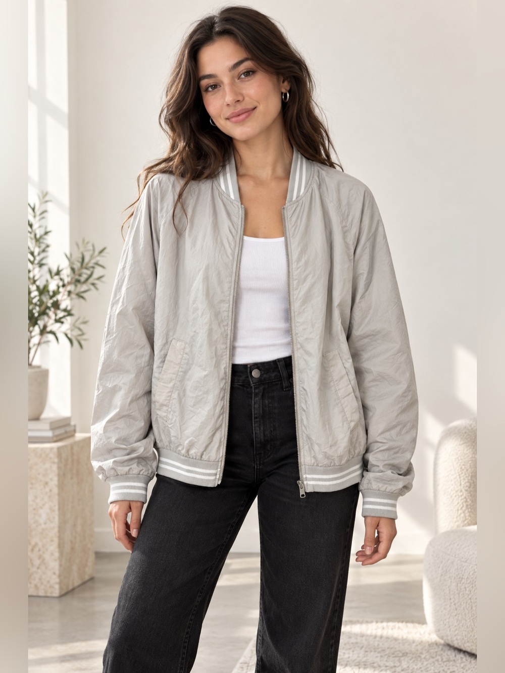 Light gray Bomber Jacket Oversized Lightweight Minimalist